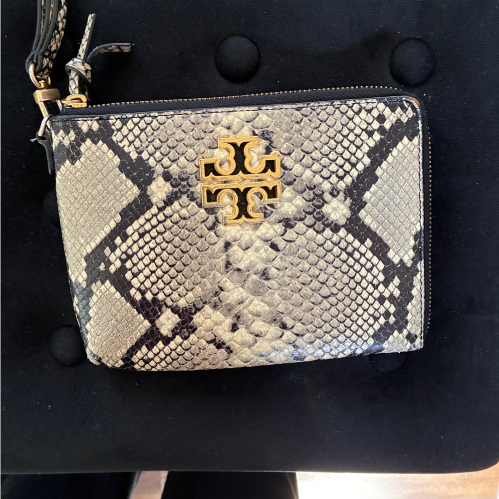 Tory Burch Gold-Logo Python-Print Zip Wallet In B… - image 1